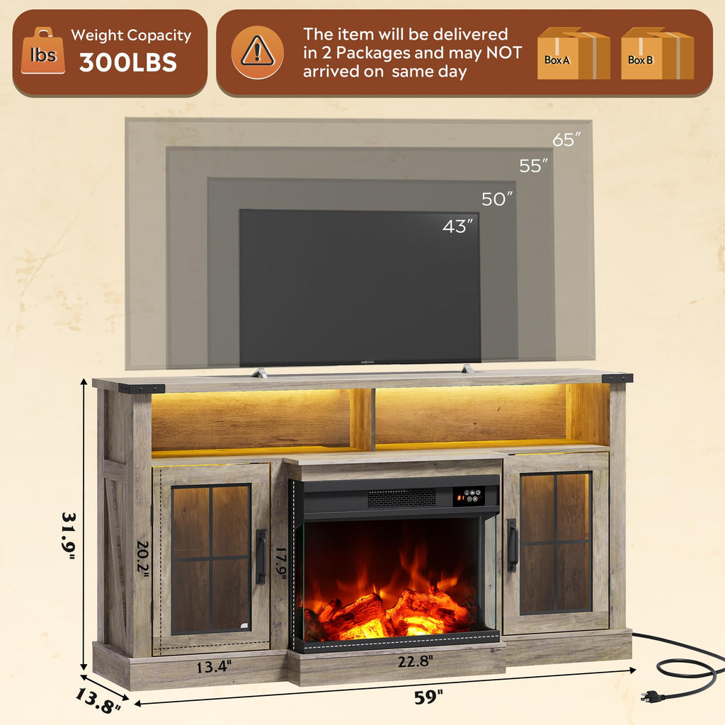 3-Sided Glass Electric for 65 Inch TV, Entertainment Center with 14 Flame Colors & Adjustable LED Storage Cabinets