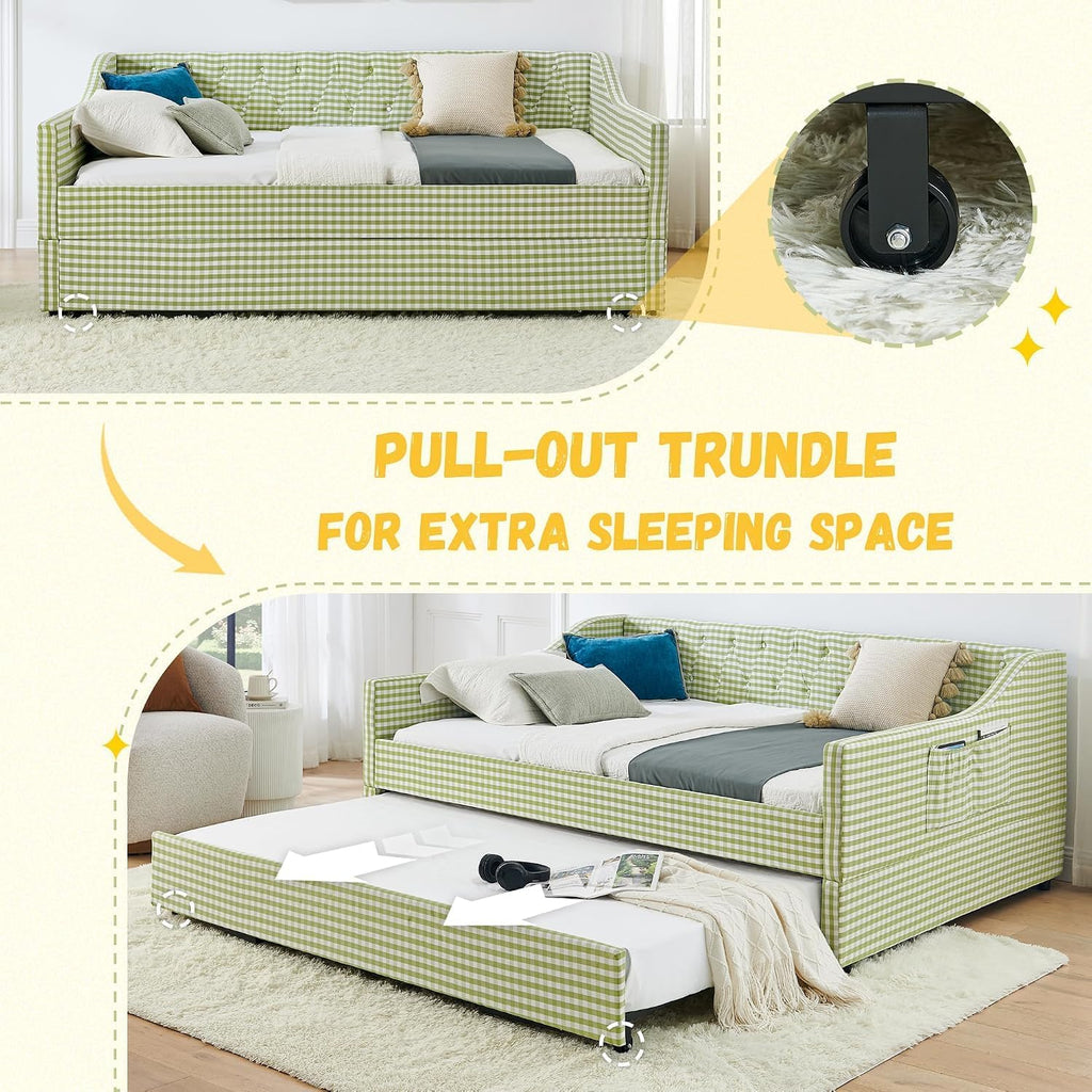 Full to King Daybed with Trundle, 3‐in‐1 Upholstered Full Size Daybed with Button Tufted Backrest, Extendable