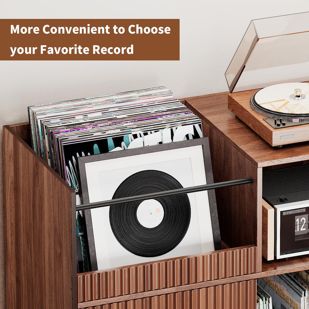 Record Player Stand with Sliding Door, 300+ Vinyl Record Storage