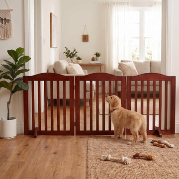 60'' Foldable Pet Gate Doorway for Dogs, Brown 3 Panels Step Over Fence