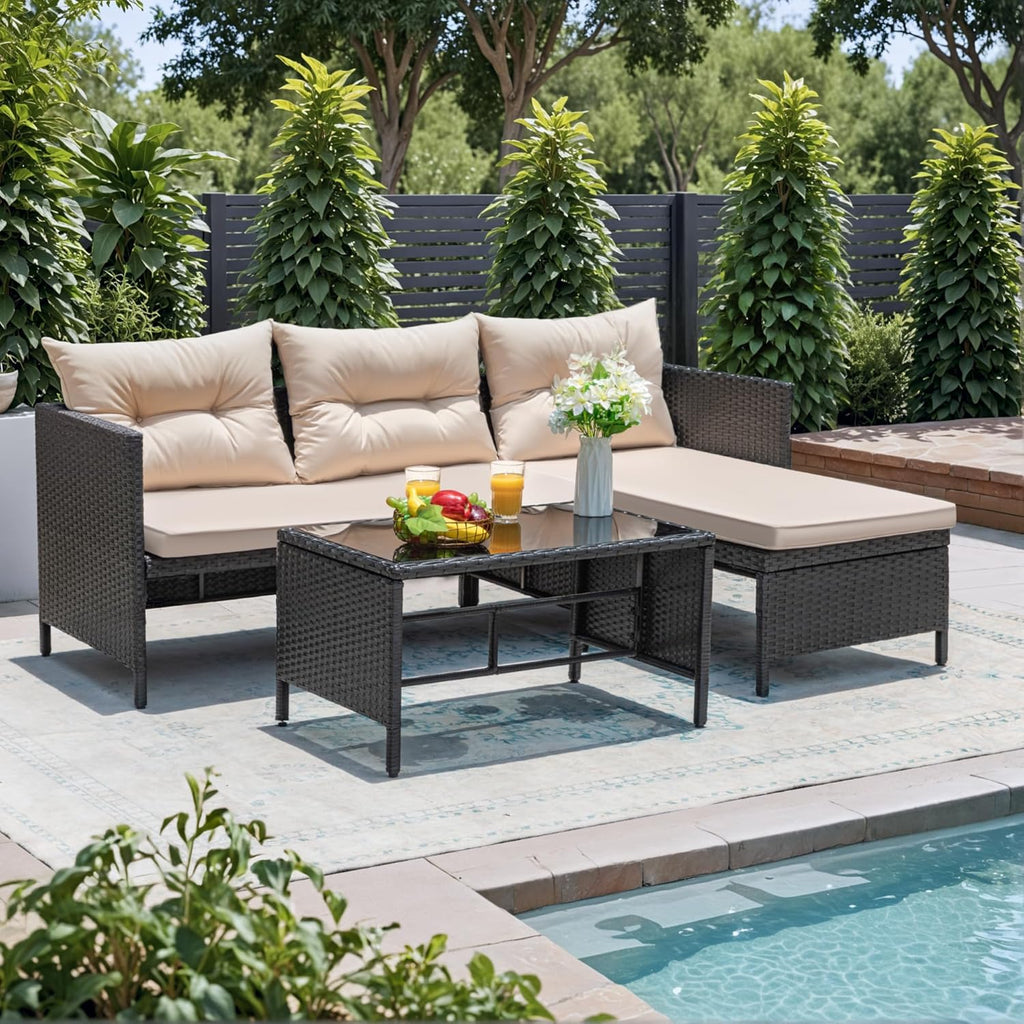 3 Piece Patio Furniture Set Outdoor Wicker Rattan Sectional Sofa with Cushions & Coffee Table for Yard, Garden