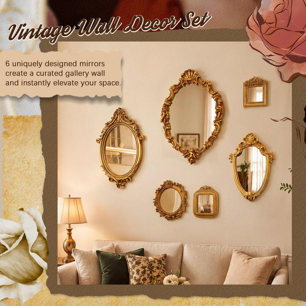 6 Pcs Vintage Gold Wall Mirror Set, Baroque, Bronze Gold