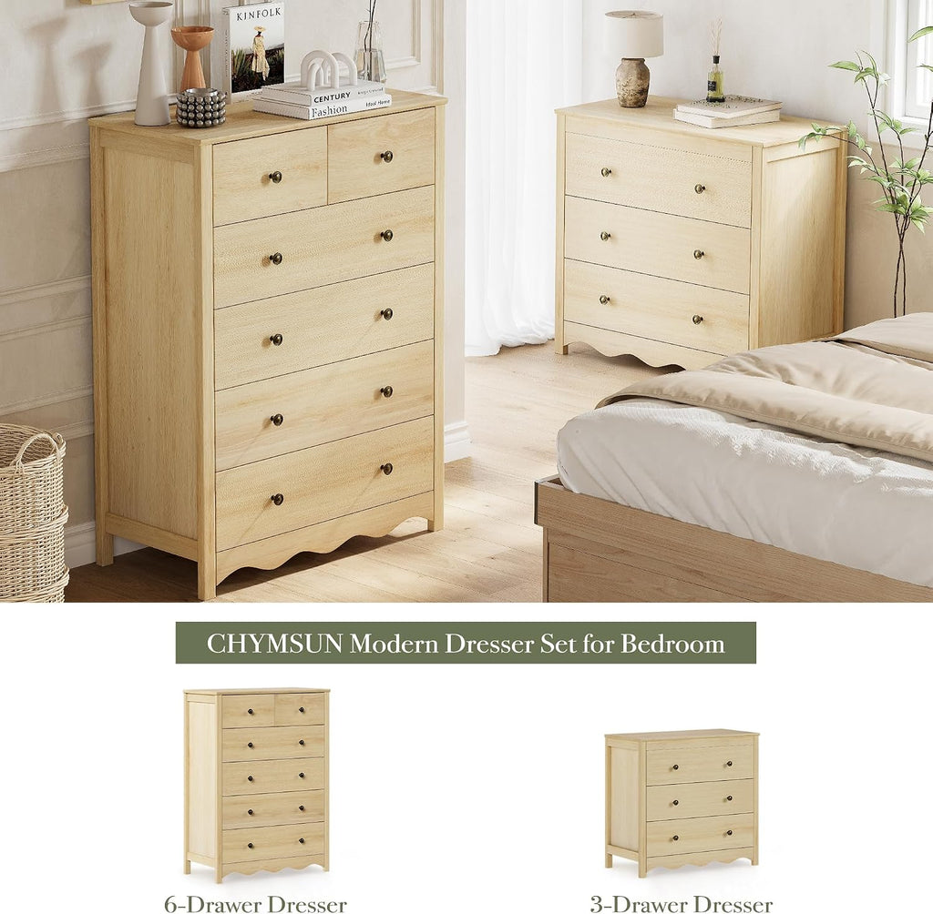 44" Tall Dresser with 6 Drawers (Natural) | Modern, Farmhouse, Metal Handle, Natural, Wood-grain Finish, Organizer