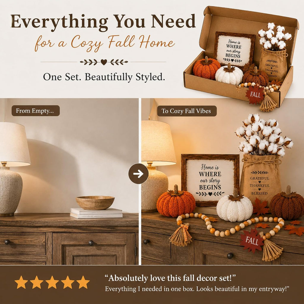 Fall Decor Set, Cozy Autumn Decorations with Pumpkins - Set of 8