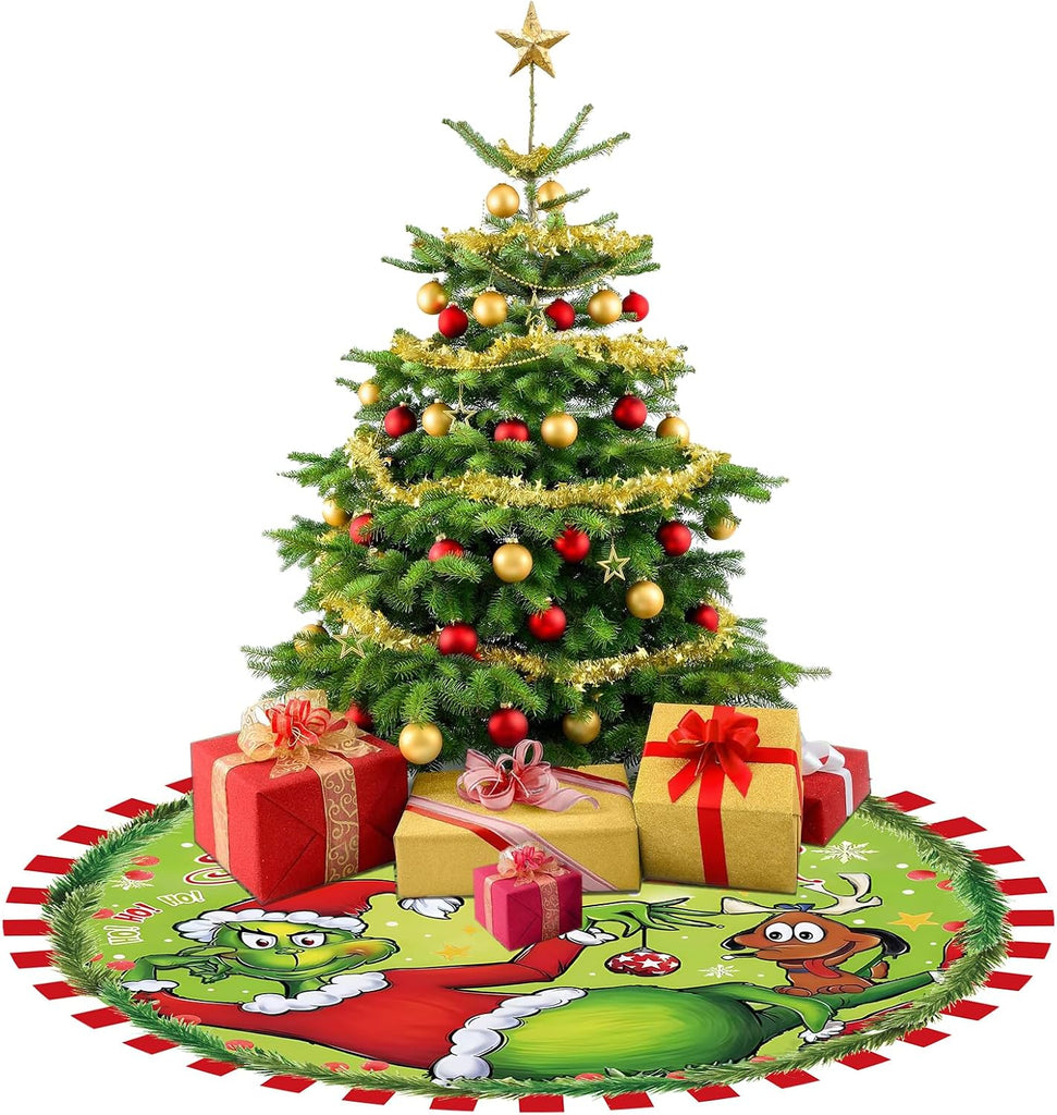 48 Inch Christmas Tree Skirt - Soft and Funny Farmhouse Christmas Tree Collar with Red & Green Trim Decor Xmas