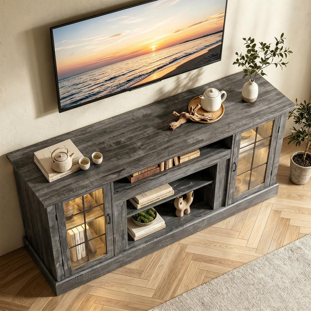 70" Farmhouse TV Stand for 80 Inch TV, Entertainment Center with Storage Cabinets, Media Console Table, Grey