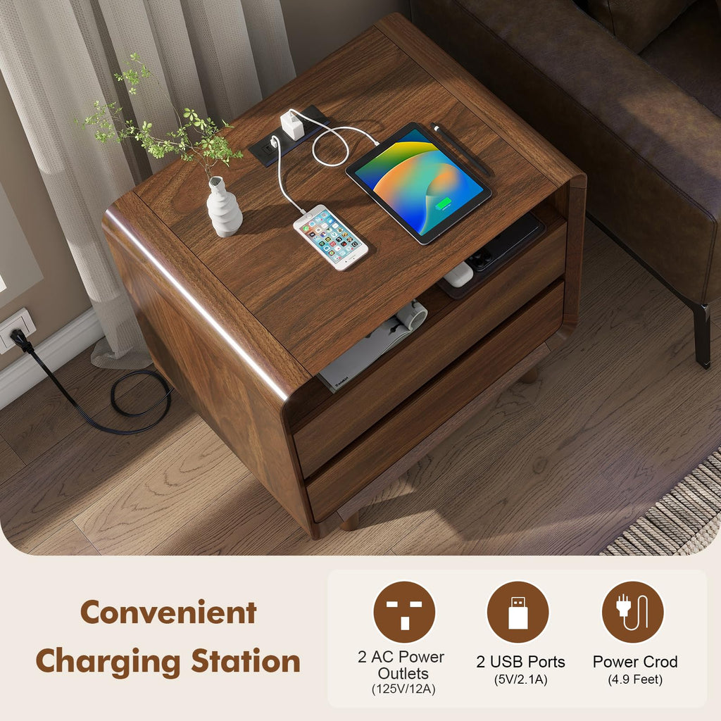 Night Stand with Charging Station, 23.7'' Wide Side Table Bedroom Nightstand with Drawers, Mid Century Modern Bedside