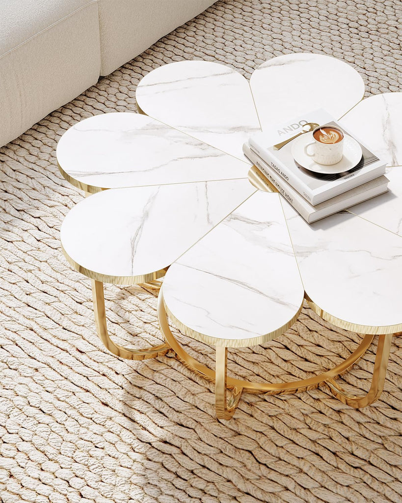 39.37-Inch White and Gold Coffee Table, Modern Flower-Shaped Center Table with Faux Marble Top & Metal Frame, Floral