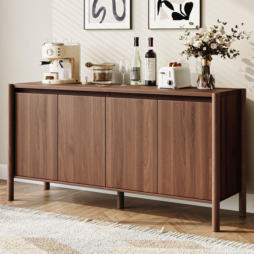 59" Walnut Sideboard Buffet Cabinet with Solid Wood Legs