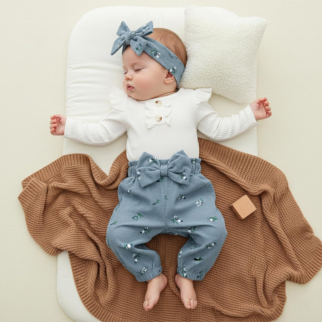 Baby Girl 3pcs Outfit Set Ribbed Bodysuit Floral Bow Jogger Pants