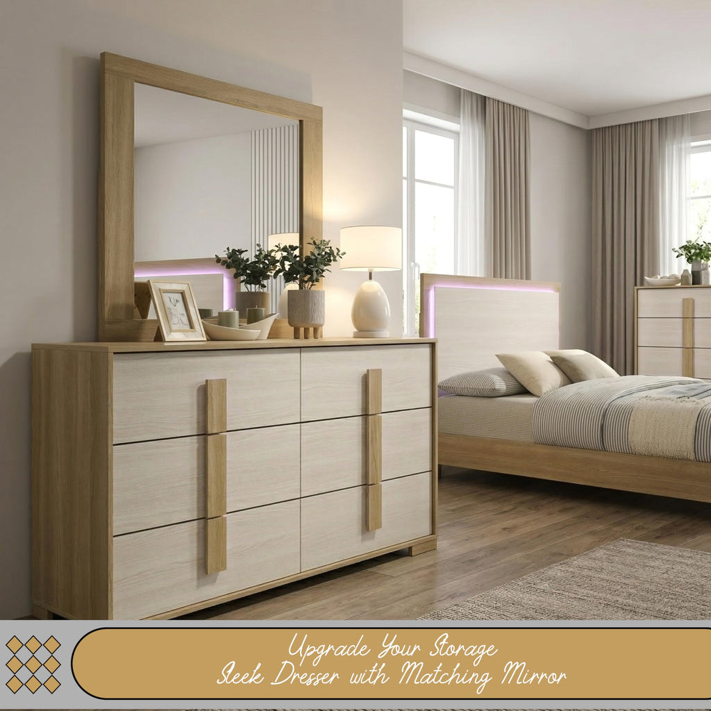 6-Piece Natural/White Bedroom Set - Bed with LED Lights, Dresser, Mirror, Chest and 2 Nightstands (Queen)