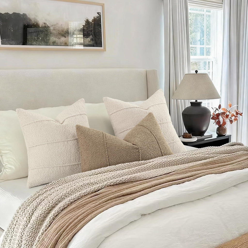 Textured Boucle Throw Pillow Covers 18x18 Pack of 2 - Soft Neutral Striped Cushion Covers, Cozy Accent Decorative