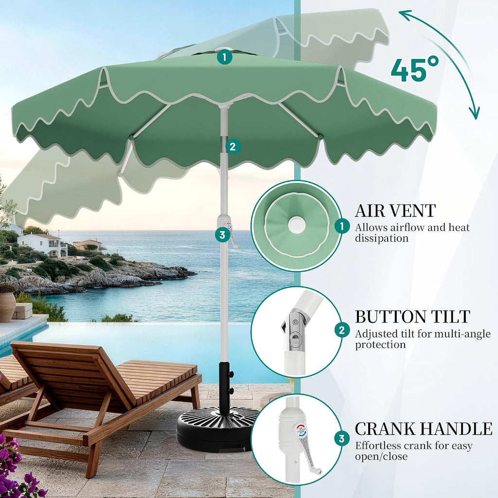 Patio Umbrella with Wavy Trim, UV-Fade-Resistant Canopy, Crank & Tilt - Pale Green 9ft