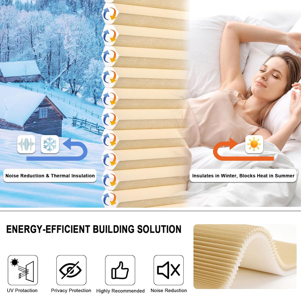 No Drill Cellular Shades for Indoor Windows, Thermal Insulating & Noise Reducing Honeycomb Blinds, Cordless Free Stop