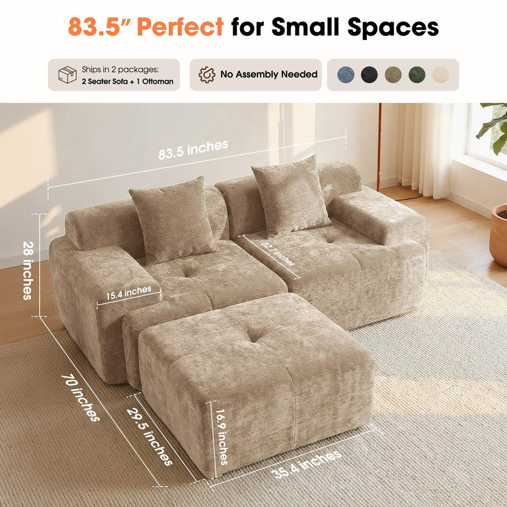 84" Modular Loveseat Couch, 60" Deep Seat Boneless Sofa with Ottoman