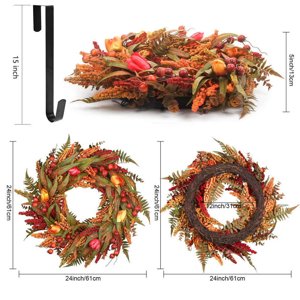 24" Fall Wreath for Front Door, Cattails Berries Thanksgiving Autumn Wreaths
