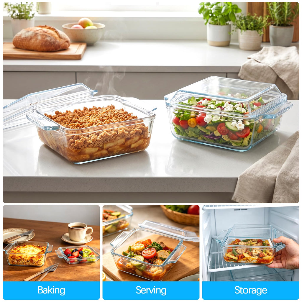 2 Pack Small 6x6 Casserole Dish With Lid - 34Oz Square Glass Baking Dishes For Oven - Single Serving Glass Oven