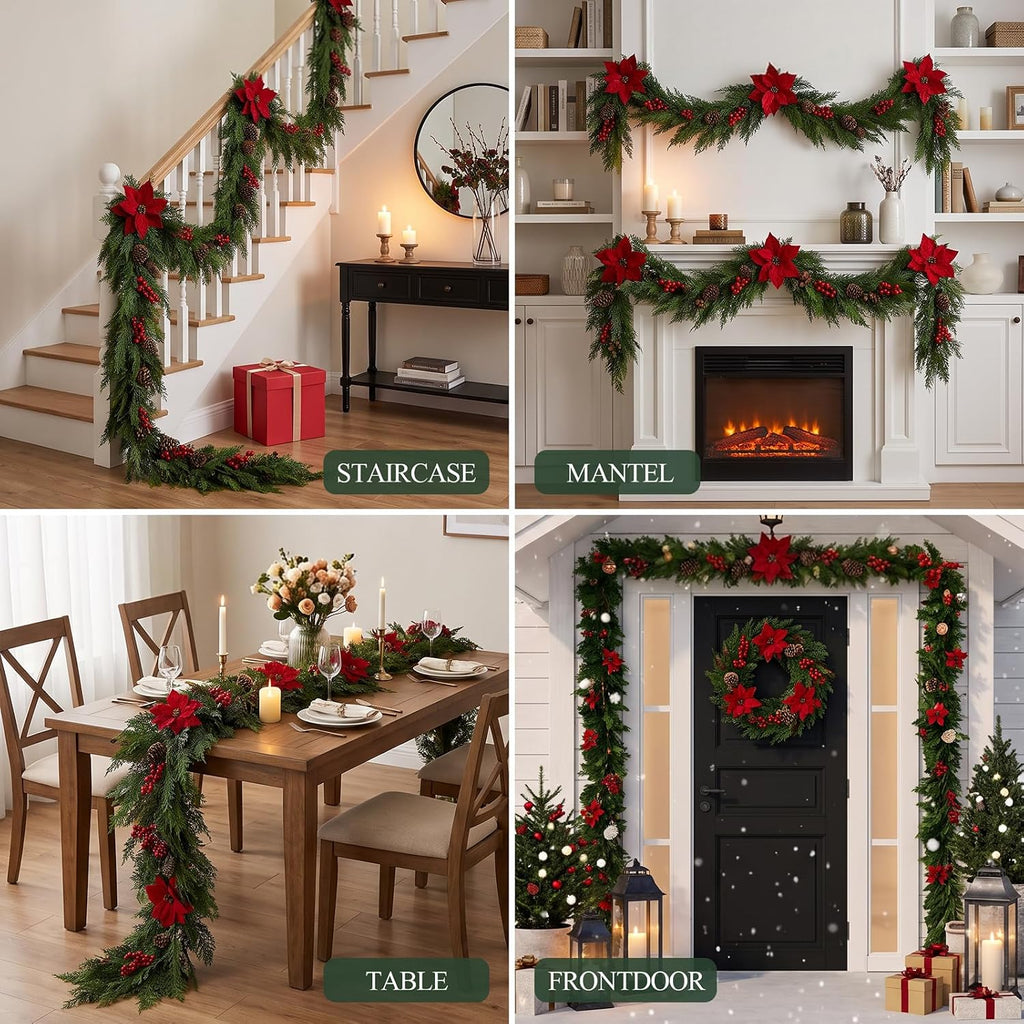 9FT Artificial Christmas Cedar Garland with Poinsettia,Pinecones
