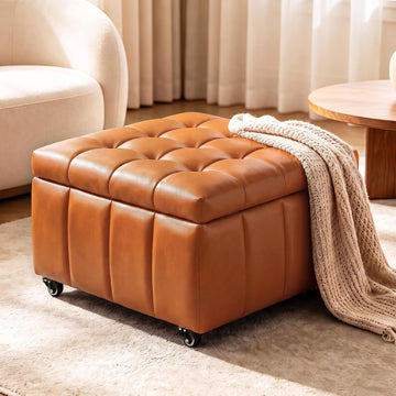 Square Leather Ottoman with Storage and Wheels,360°Rolling ottoman,Faux Leather Flip Top Storage Footstool Coffee