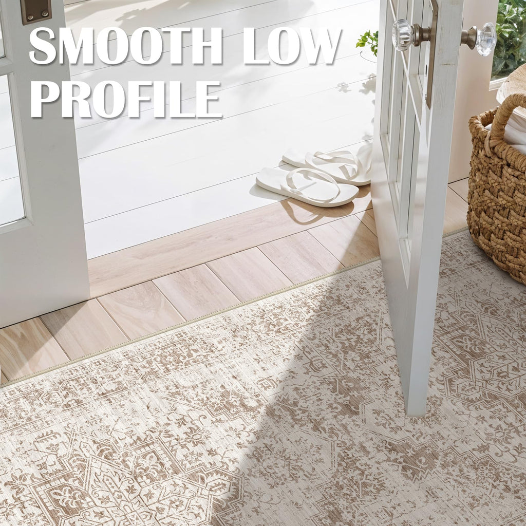 2'6"x14 Washable Long Runner Rug: Vintage Non Slip Hallway Rug IvoryBeige