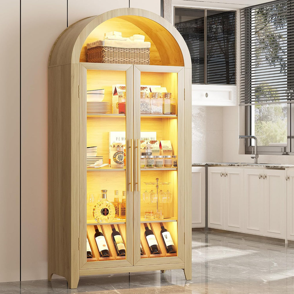 71" Arched Kitchen Pantry Storage Cabinet with Glass Doors | 5-Tier Display Cabinet for Collectibles, Tall Bookcase