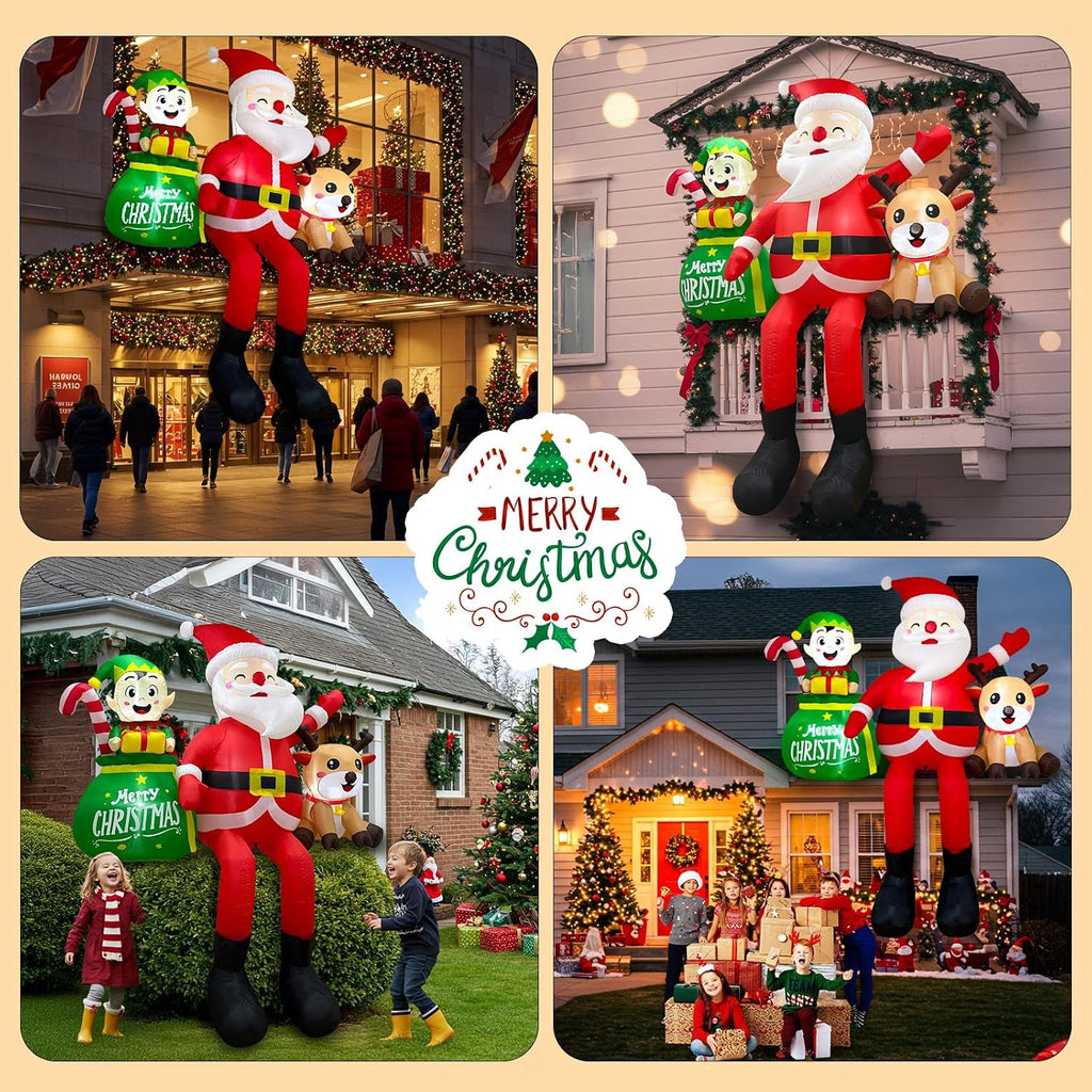 8FT Christmas Inflatables Outdoor Decoration, Climbing Inflatable Santa Claus Decor with Reindeer Elf & Built-in