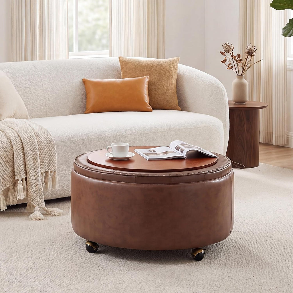 29" Round Storage Ottoman with Reversible Tray, Faux Leather Tufted Coffee Table, Foot Rest Stool with Lockable