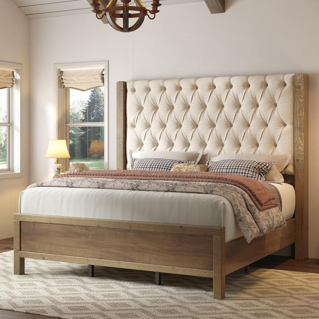 Solid Wood Queen Bed Frame, 57" Tall Farmhouse Platform Beds, Upholstered Line Wingback Headboard, Deep Button