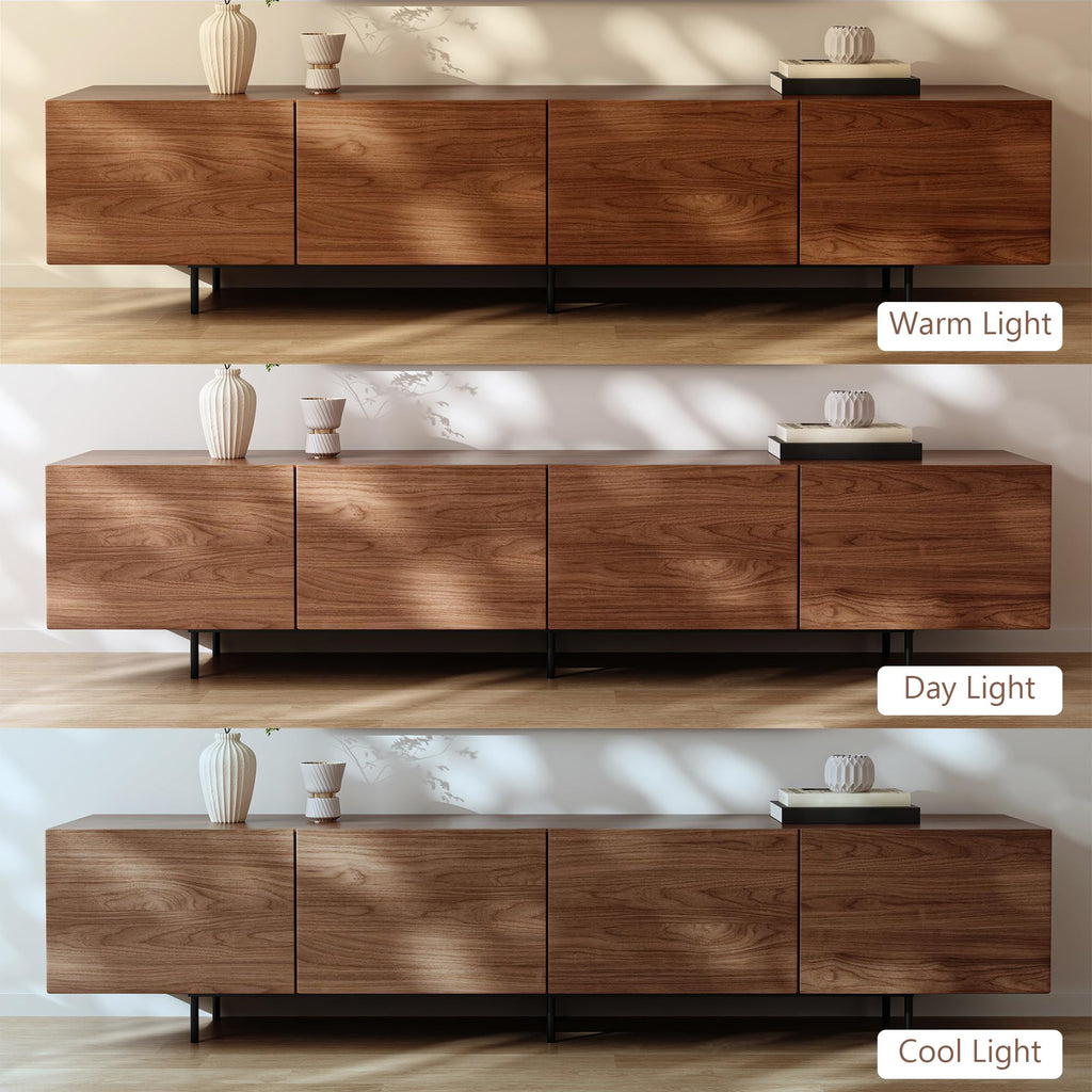 Modern Walnut TV Stand - Long Media Console with 4 Doors, Large Concealed Storage, Cable Management & Metal Legs