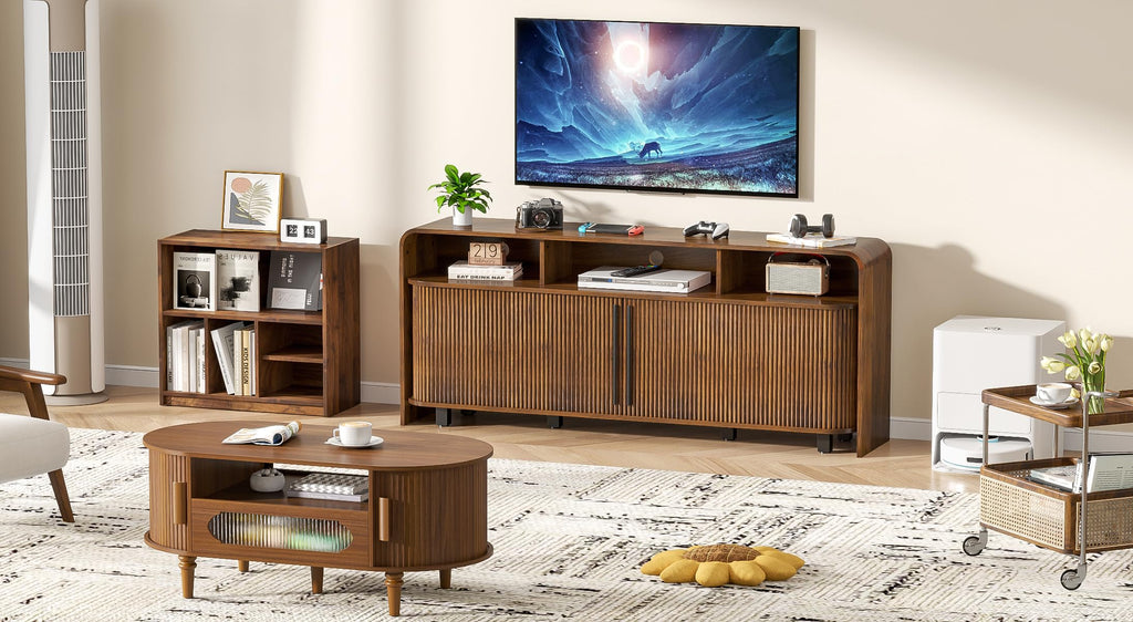 Walnut TV Stand for 65 70 75 Inch TV, Fluted Mid Century Modern TV Console with Sliding Doors, 63 Inch Entertainment