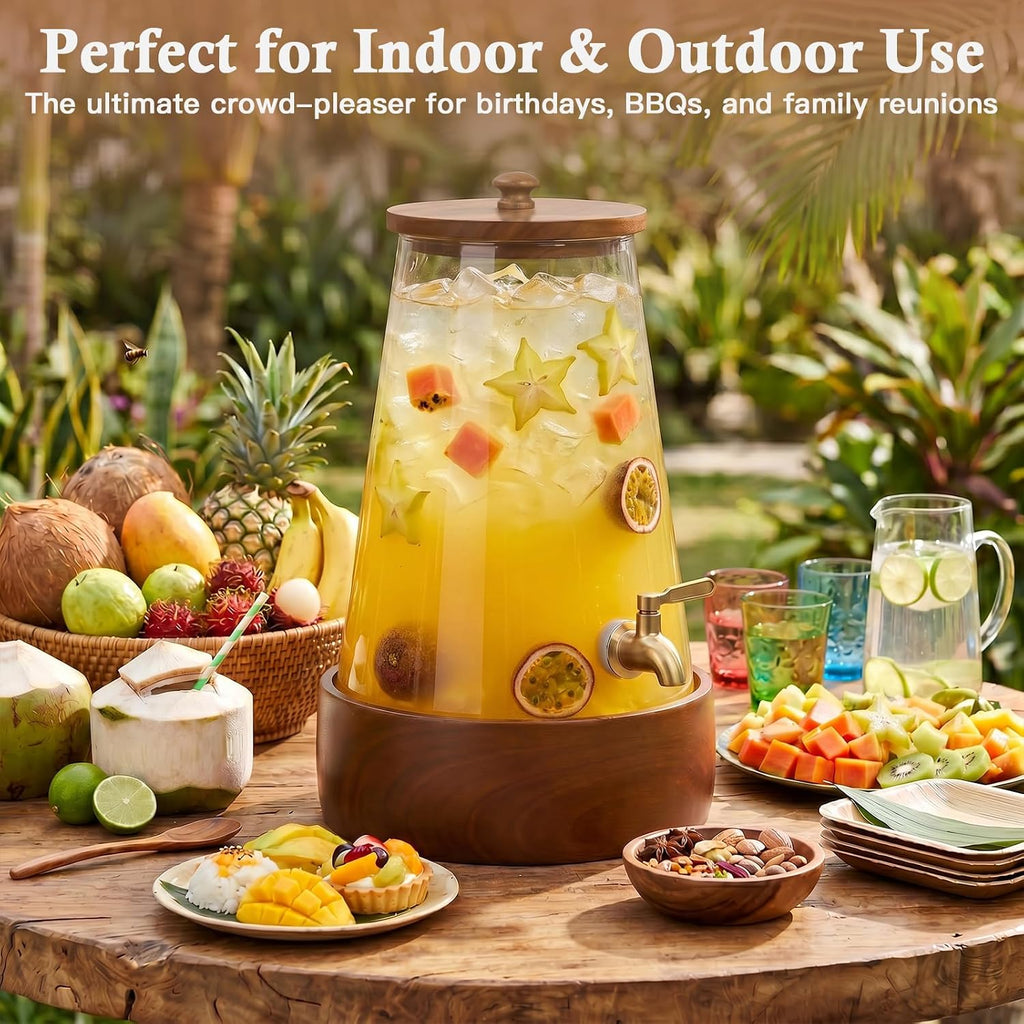 1.7 Gallon (6.4L) Glass Drink Dispenser with Spigot & Wooden Base - Large Rustic Beverage Dispenser for Parties, Iced