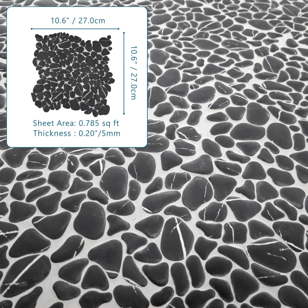 10-Sheet for Shower Floor Border Kitchen Bathroom Backsplash, Black Marquina Recycled Glass Marble Stone Looks Wall
