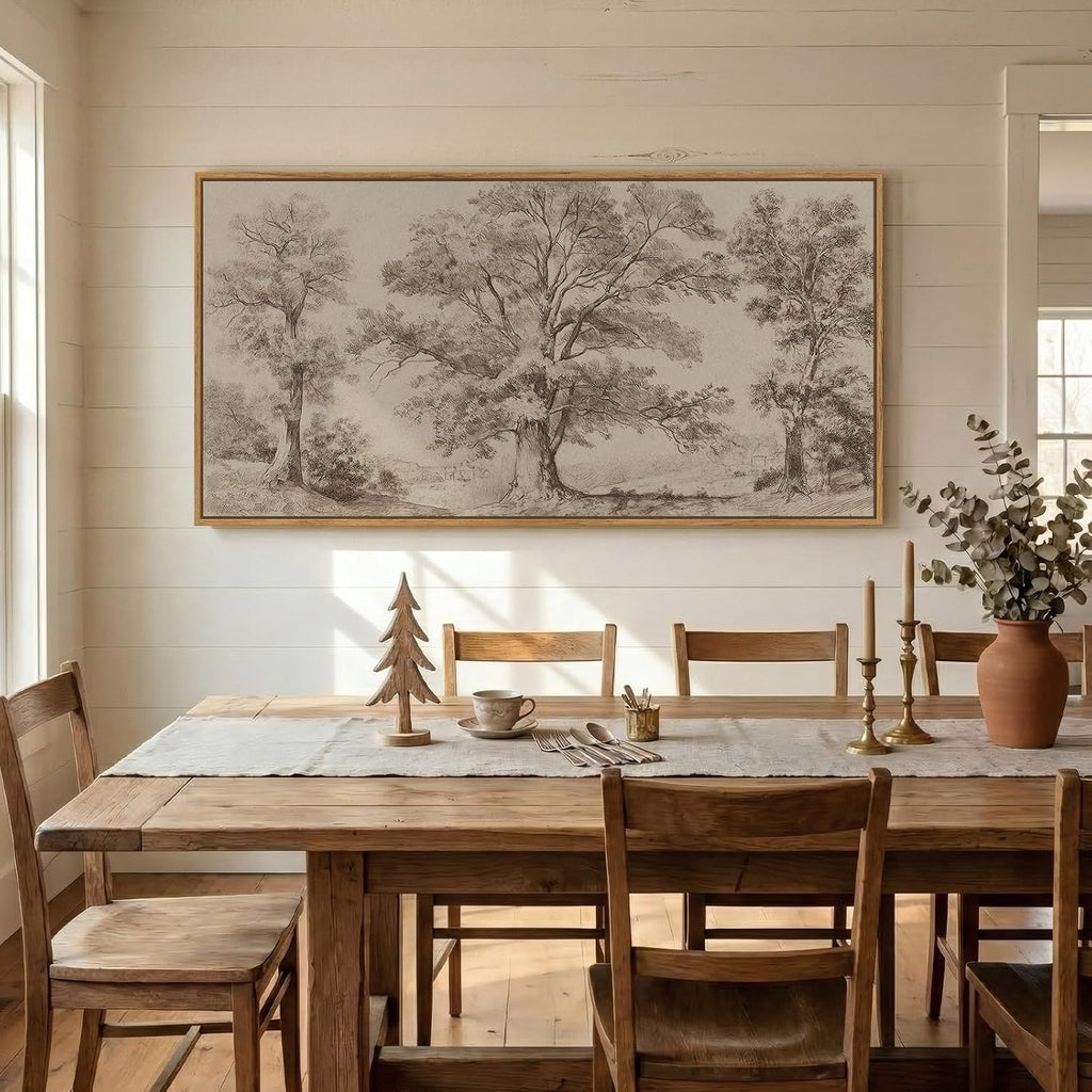 Framed Vintage Landscape Canvas Wall Art , Extra Large Horizontal Rustic Tree Botanical Picture Prints Paintings