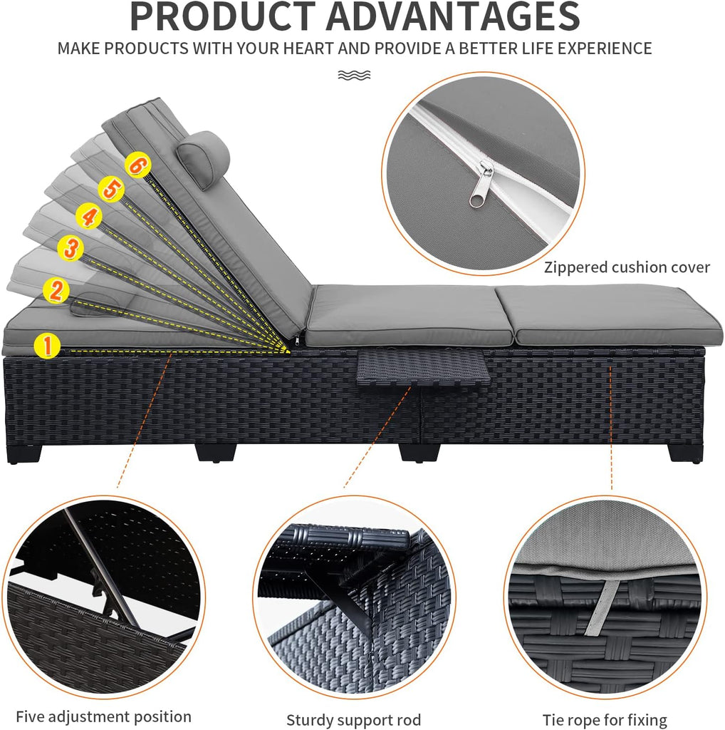 Outdoor Chaise Lounge Chairs for Outside Patio Furniture Set of 2 Wicker Recliner Black Rattan Sunbathing Lounger