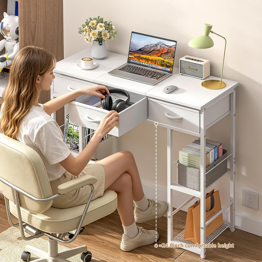 White Computer Desk with Drawers, 35.5 Inch Home Office Work Table with Bookshelf, Kids Teens Study Writing Table