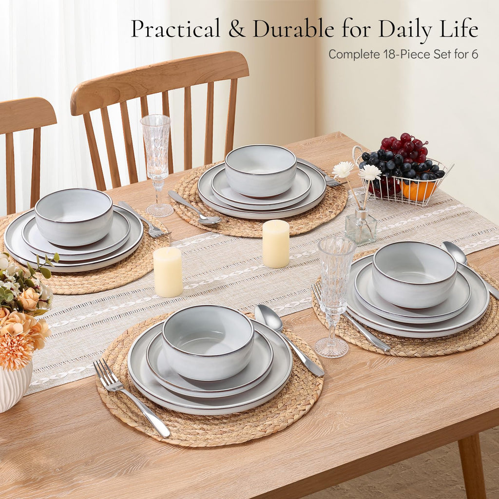 Stoneware Dinnerware Sets for 6, 18 Pieces Reactive Glaze Plates and Bowls Sets, Elegant Dishes with Rustic