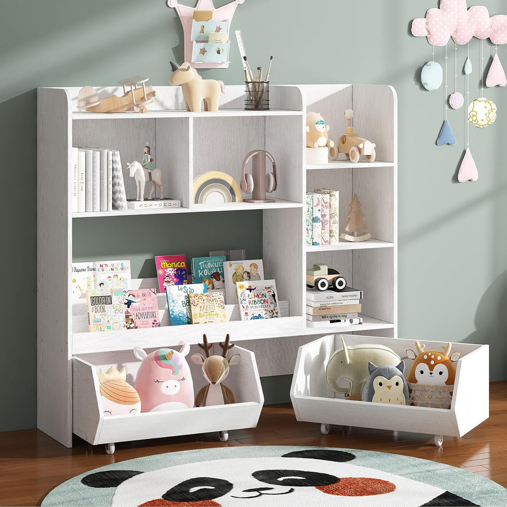 Kids Bookshelf and Toy Storage Organizer with 2 Rolling Bins, 5-Tier Open Wooden Bookcase for Children's Bedroom