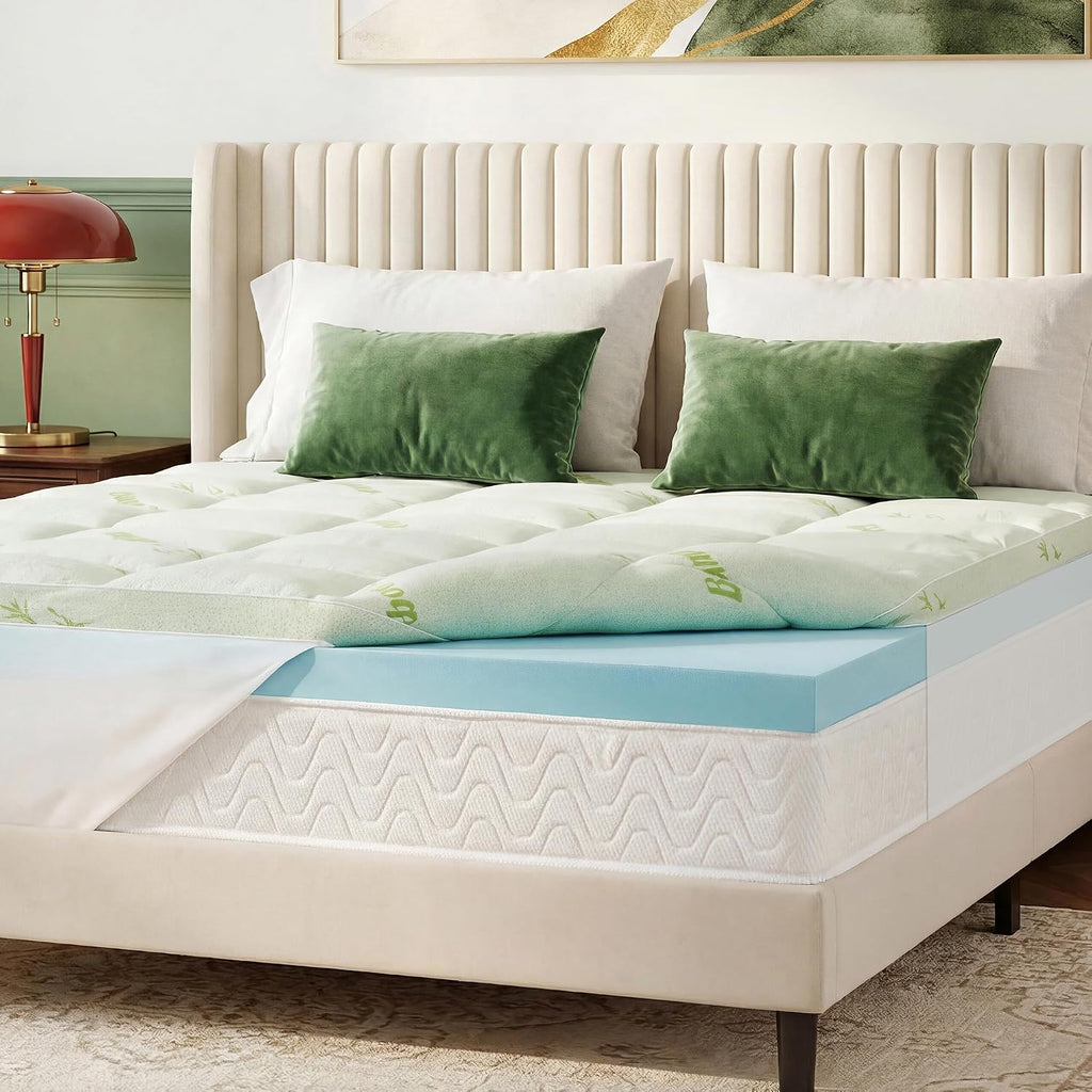 Full Memory Foam Mattress Topper, 4 Inch Dual Layer Gel Foam Mattress Pad with Soft Pillow Top Cover, Viscose Made