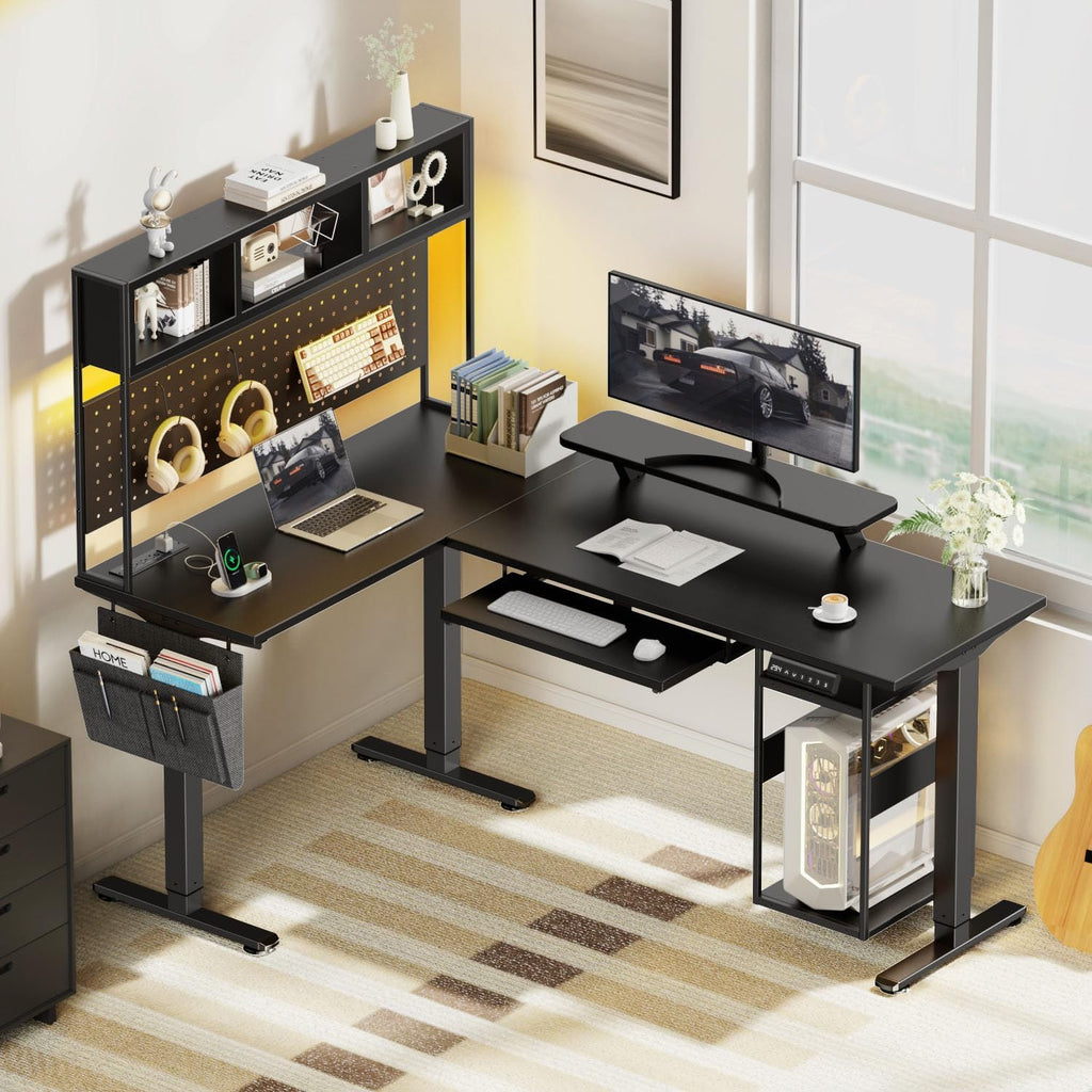 Electric L Shaped Standing Desk Adjustable Height, 67" x 47" Corner Computer Desk with Host Shelf, Gaming Desk with