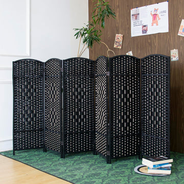 6 Panel Black Rattan Room Divider for Room Separation, 47.2" Low Height Double Sided Folding Privacy Screen