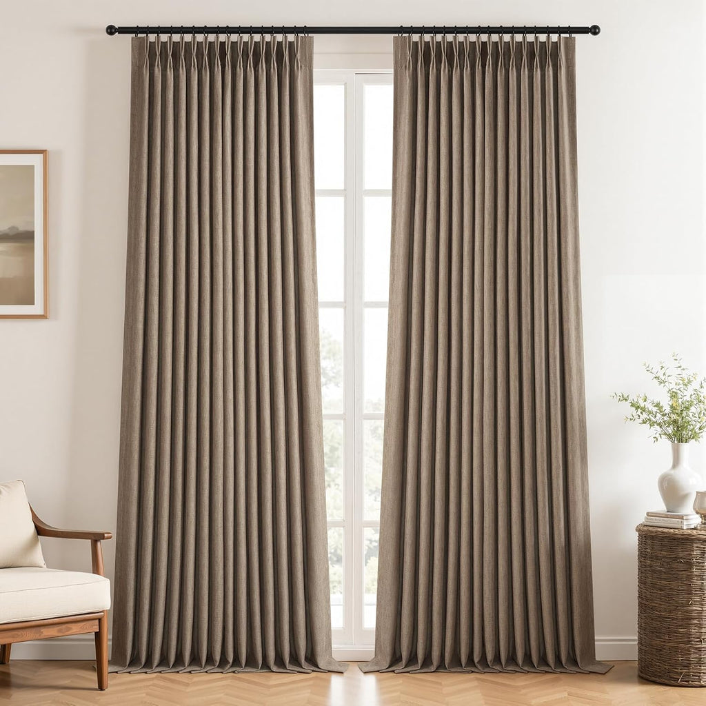 Dark Flax 90 Inches Long Linen Curtains,Full Blackout Pinch Pleated Thermal Insulated Soundproof Curtains,Dark Flax