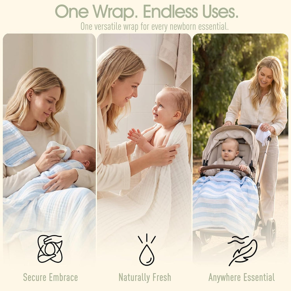 Organic Muslin Baby Bath Towel Blanket Pc Gift Set - Blue Stripe