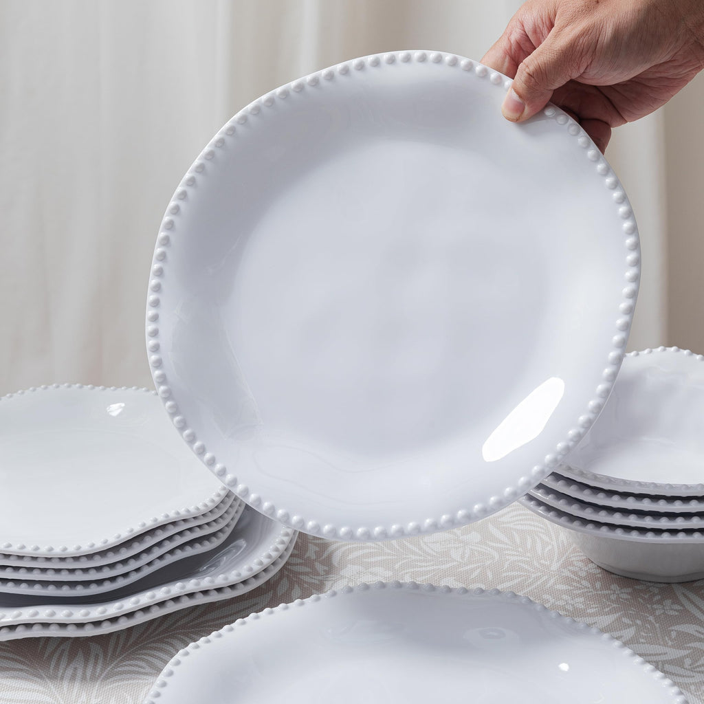 18 Piece Beaded Melamine Dinnerware Sets, Perlette White Plate and Bowl Set