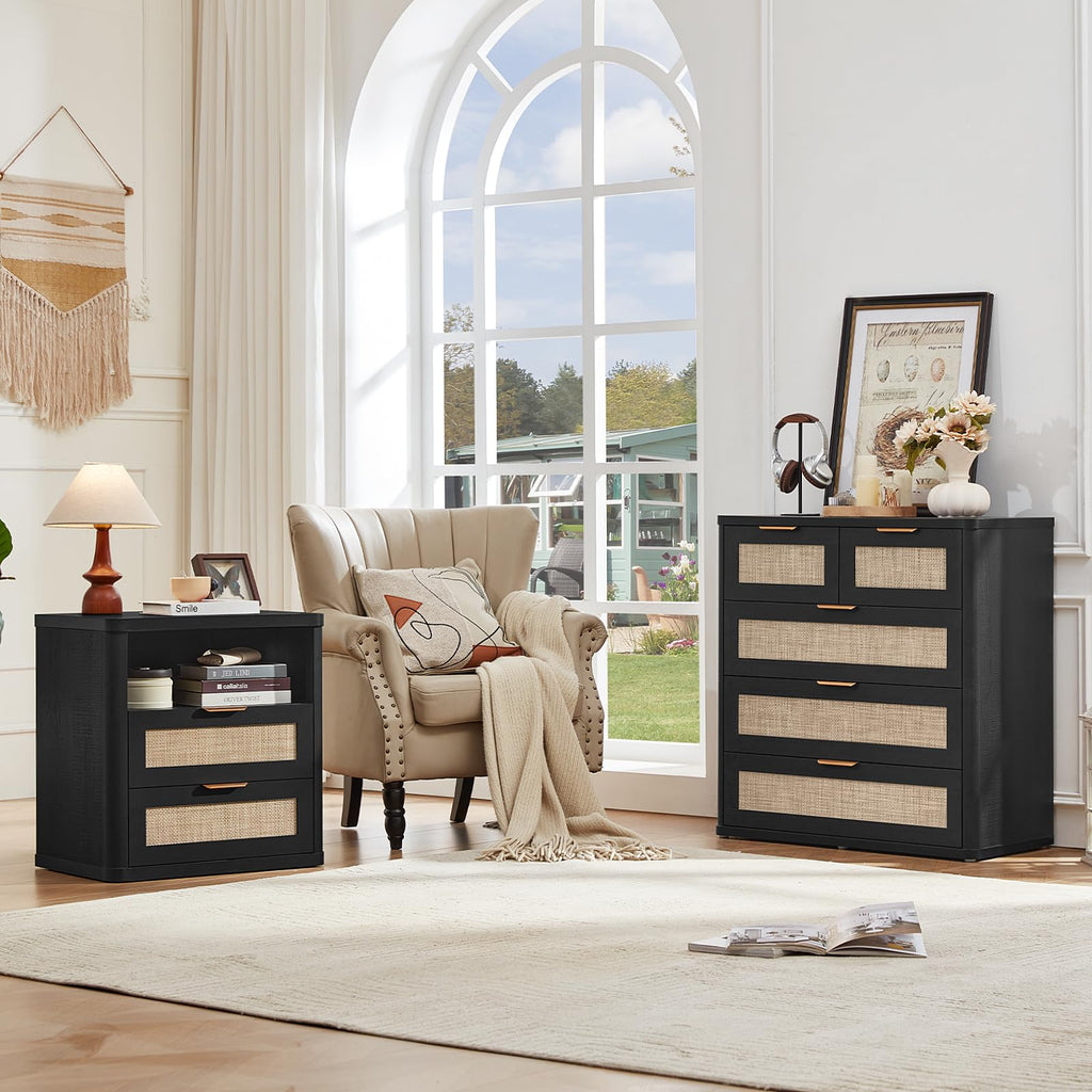 Rattan Dresser Set of 2, 33.5" Tall Chest of Drawers, Modern 5 Drawers Boho Dressers with Storage, Light Oak Dresser
