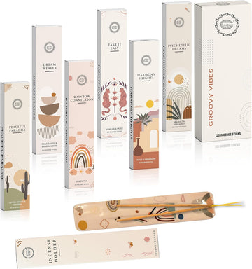 Incense Sticks Organic Non Toxic Natural Inscents with Insence Holder -120 Sticks, Clean Burn, Boho Gift - Set of 6