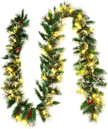 9FT Pre-lit Christmas Garland, Artificial Christmas Pine Rattan w/Timer, 50 LED Lights and Red Berries, Ideal for