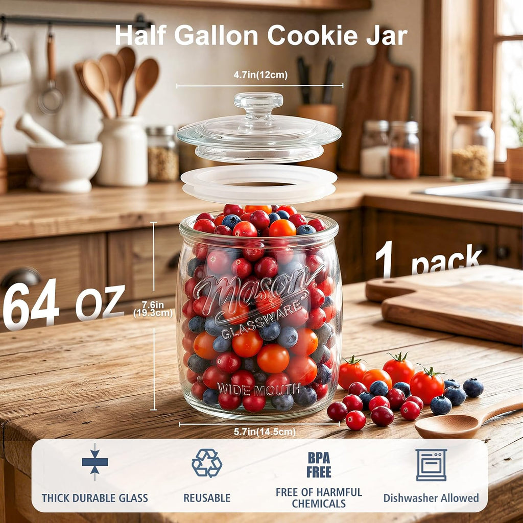 Wide Mouth Cookie Jar, 1/2 Gallon Glass Jar for Airtight Food Storage, 64oz