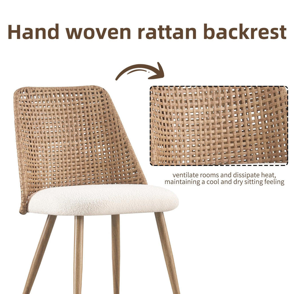Rattan Dining Chairs Set of 4, Wicker Dining Chairs, Cane Back Dining Chairs with Woven PE Rattan Backrest and Boucle