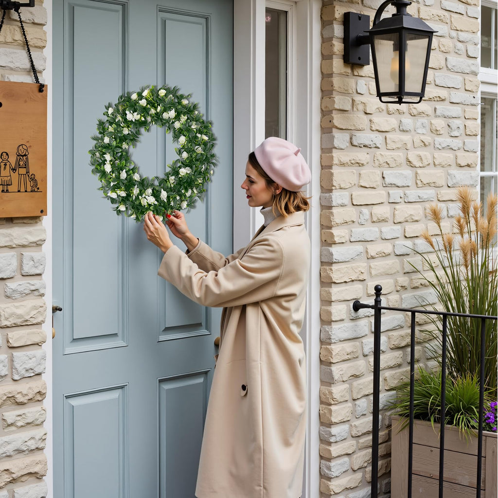 15" Front Door Boxwood Wreaths, Spring Summer Green Wreath White