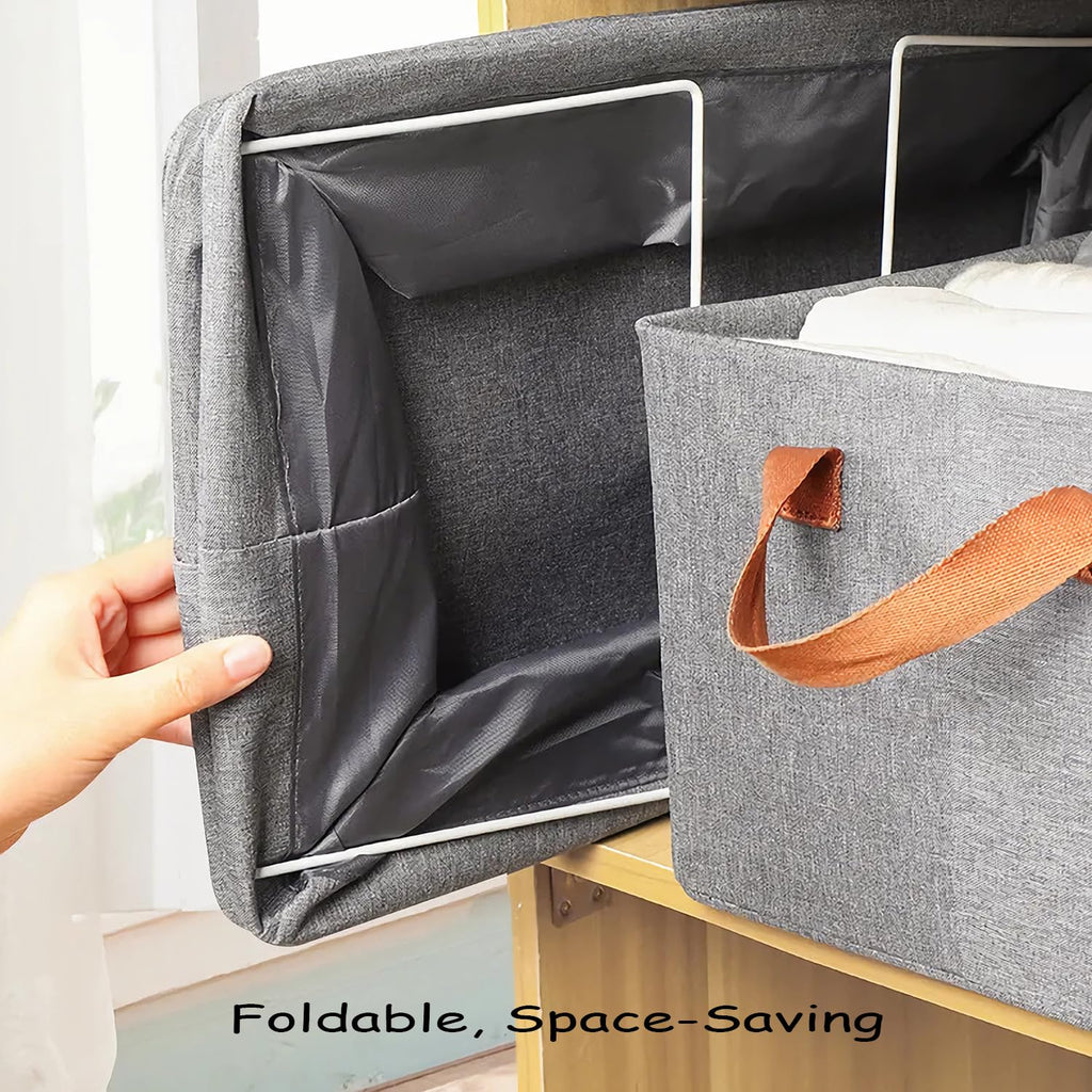 Linen Closet Organizer Storage Bin with Steel Frame, Stackable Fabric Jeans Baskets for Shelves, 4 Packs Foldable